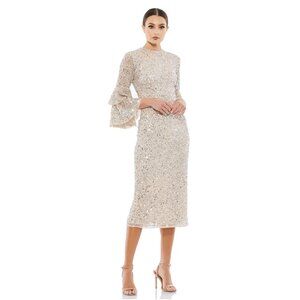 NWT Mac Duggal Fully Sequined Ruffle Tiered 3/4 Sleeve Midi Dress Nude 8 #A0081